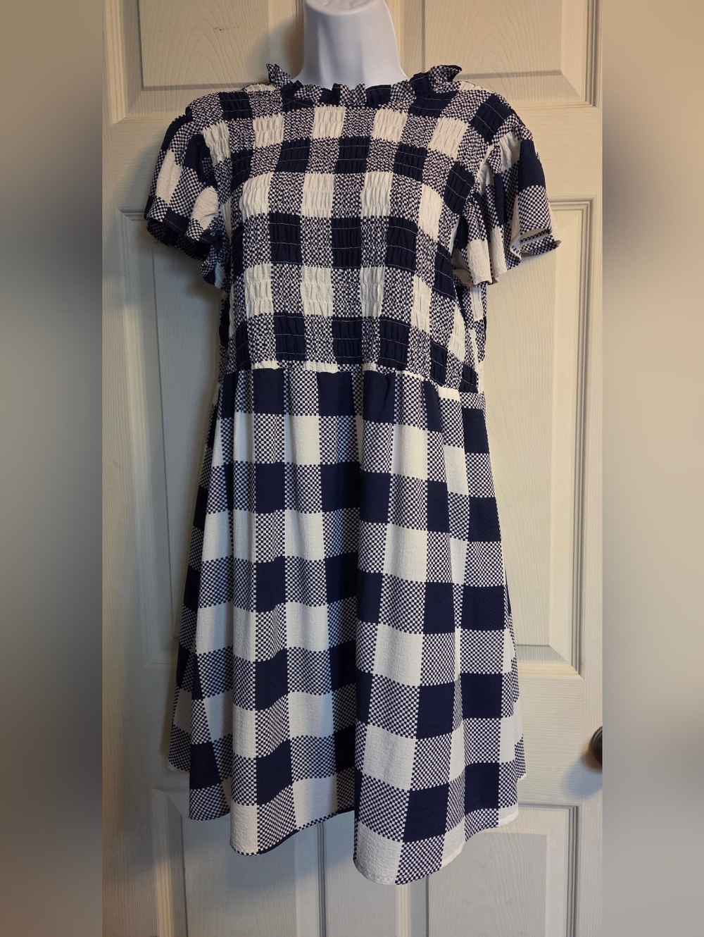 Navy and White Checkered Smocked Dress